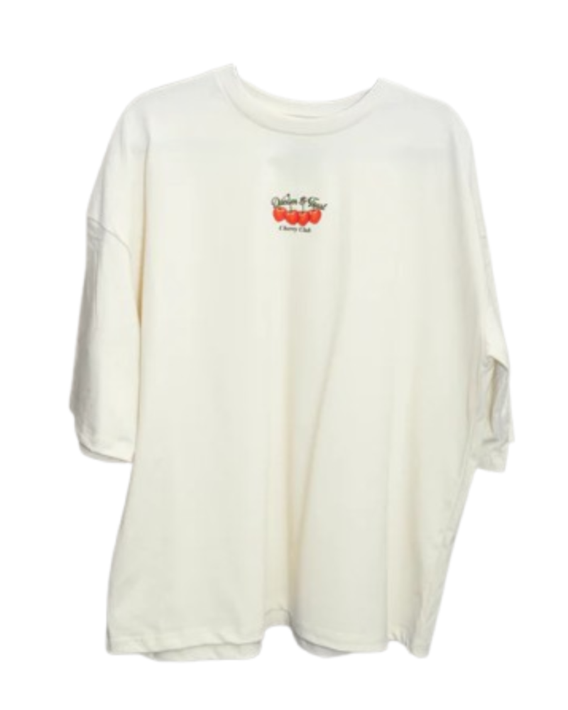 PLAYERA CASH ONLY OVERSIZE CHERRY BLANCA
