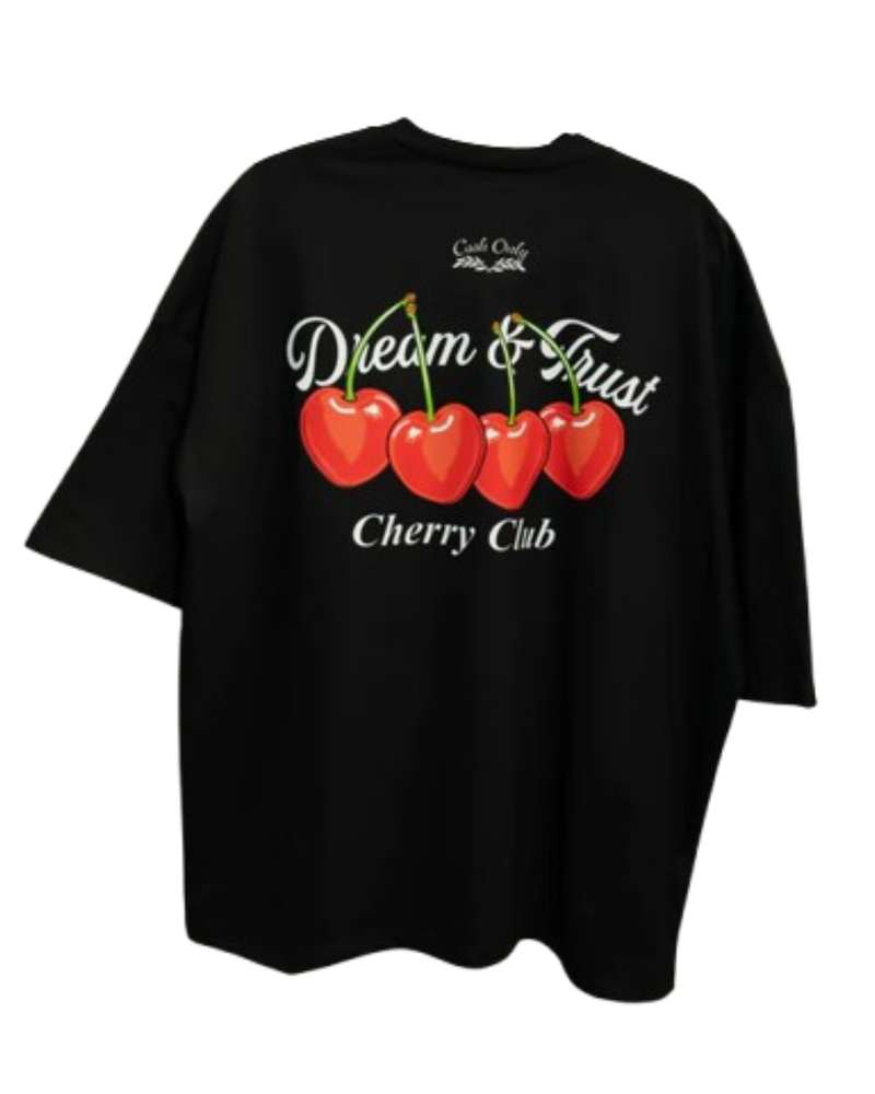 PLAYERA CASH ONLY OVERSIZE CHERRY NEGRA