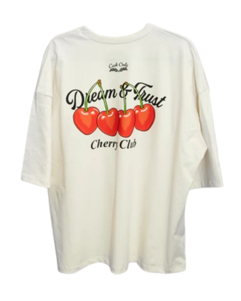 PLAYERA CASH ONLY OVERSIZE CHERRY BLANCA