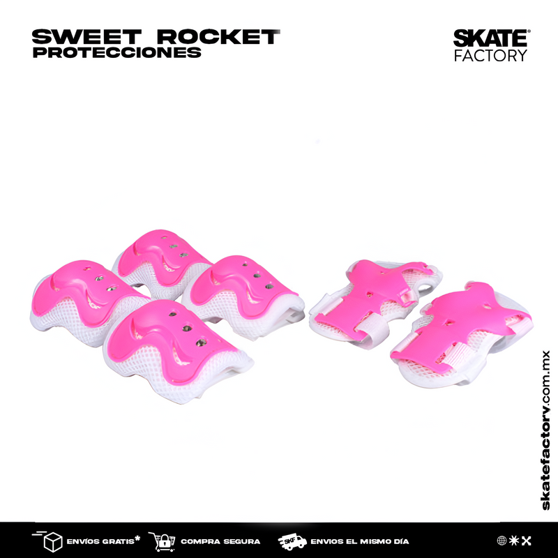 KIT DE PROTECCIONES RODILLERAS CODERAS Y MUÑEQUERAS ROSAS