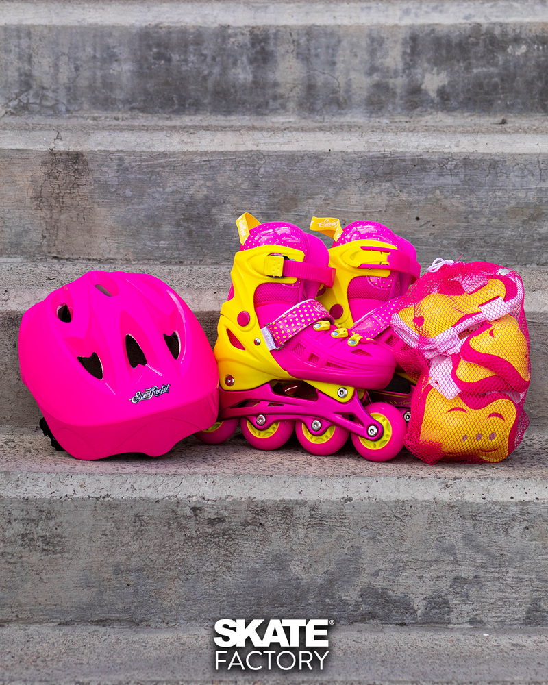 PATINES EN LINEA PARA NIÑA SWEET ROCKET ROSA CON AMARILLO – Skate