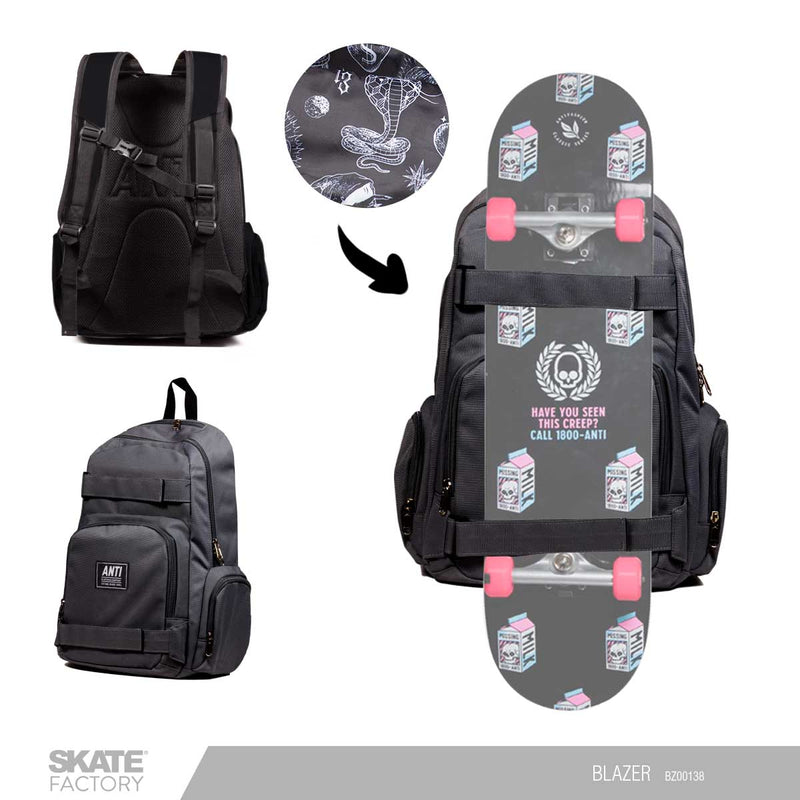 Mochila antifashion negra porta skate mochila escolar mochila para skate, marca de skate 100% mexicanas más importantes del país que cuenta con una amplia variedad de skateboards, playeras, mochilas, gorras y accesorios. Visítanos y descubre todo lo que tiene para ti. Disponibles en Skate Factory tu skate shop favorito, Envíos gratis en compras mayores a $999 pesos compra fácil y rápido Encuéntralos en tu skate shop, Skate factory ®.