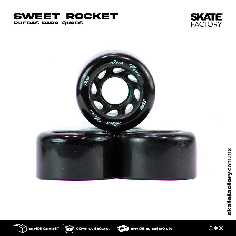 Cambia las ruedas de tus patines ahora, con este pack de ruedas para quads y sigue patinando en tu skatepark con las ruedas de la marca Sweet rocket, consulta precios en tus skateshop skate factory mx empieza a hacer trucos en tu patineta ahora, envíos gratis en compras mayores a $999 pesos compra fácil y rápido Encuéntralos en tu skate shop, Skate factory ®.