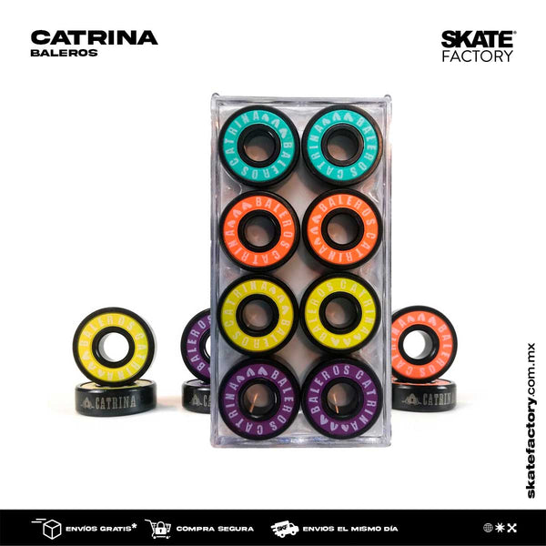 Aumenta la velocidad a tu skateboard con estos baleros Catrina de colores ABEC 9 de materiales cerámicos, continua en el skateboarding con más velocidad, práctica tus mejores trucos en skateboard envíos gratis en compras mayores a $999 pesos compra fácil y rápido Encuéntralos en tu skate shop, Skate factory ®.