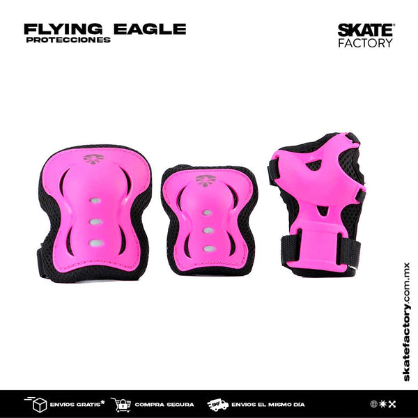 Los kits de Flying eagle de protecciones son Ideales para comenzar patinar sin miedo. Son esenciales para ir seguro y sin golpes ya sea en patines freeskate, en línea, agresivo o quads o en cualquier tipo de patines Encuéntralos en tu skate shop, Skate factory ®.