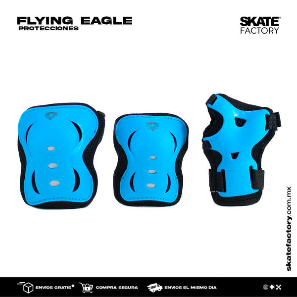 Los kits de Flying eagle de protecciones son Ideales para comenzar patinar sin miedo. Son esenciales para ir seguro y sin golpes ya sea en patines freeskate, en línea, agresivo o quads o en cualquier tipo de patines Encuéntralos en tu skate shop, Skate factory ®.