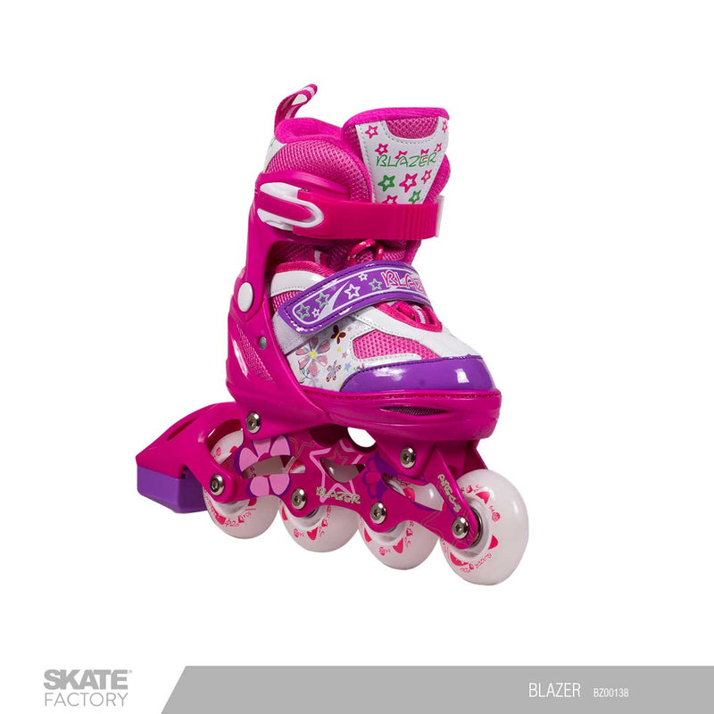 patines en linea de color rosa con protecciones 