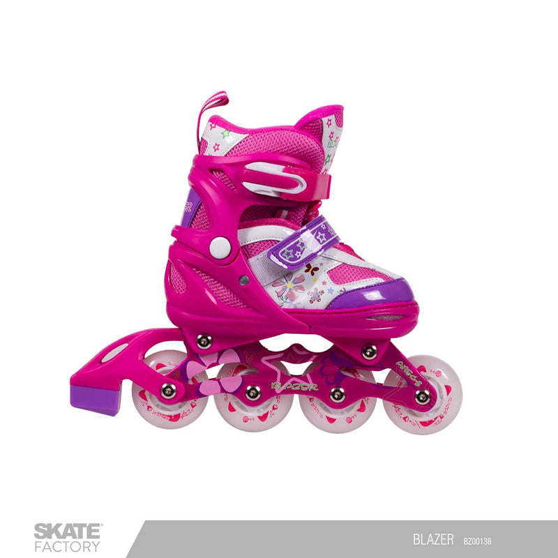 patines en linea de color rosa con protecciones 