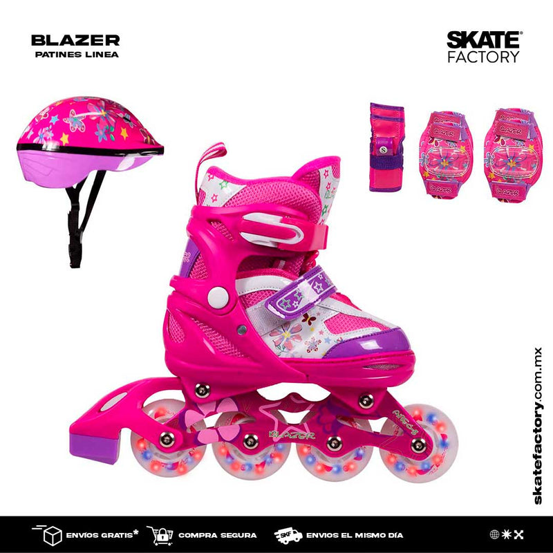 patines en linea de color rosa con protecciones 
