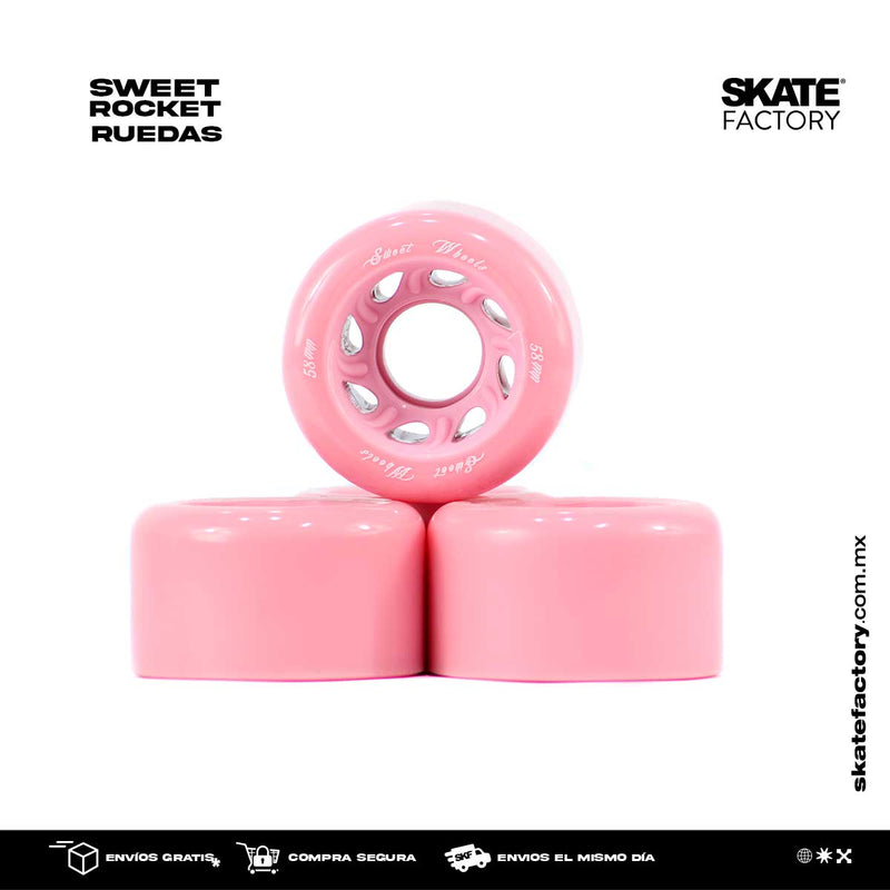 Cambia las ruedas de tus patines ahora, con este pack de ruedas para quads y sigue patinando en tu skatepark con las ruedas de la marca Sweet rocket, consulta precios en tus skateshop skate factory mx empieza a hacer trucos en tu patineta ahora, envíos gratis en compras mayores a $999 pesos compra fácil y rápido Encuéntralos en tu skate shop, Skate factory ®.