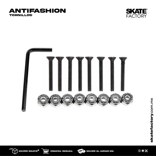Set de tornillos de la marca antifashion para skateboards ajusta tu skate y sigue en el skateboarding con las mejores marcas de skateboards Encuéntralos en tu skate shop, Skate factory ®.